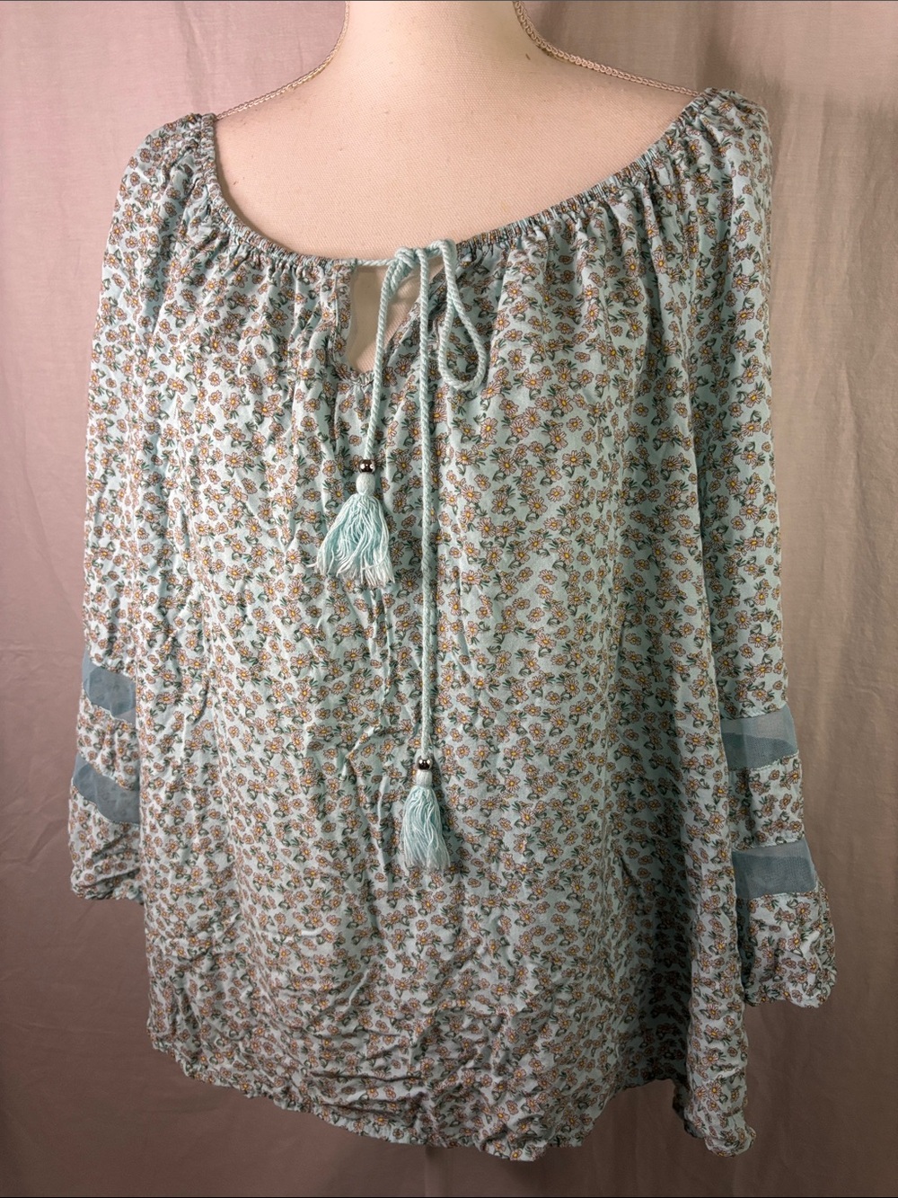 Unique Spectrum Mint Floral Tassel Peasant Boho Cottagecore Blouse